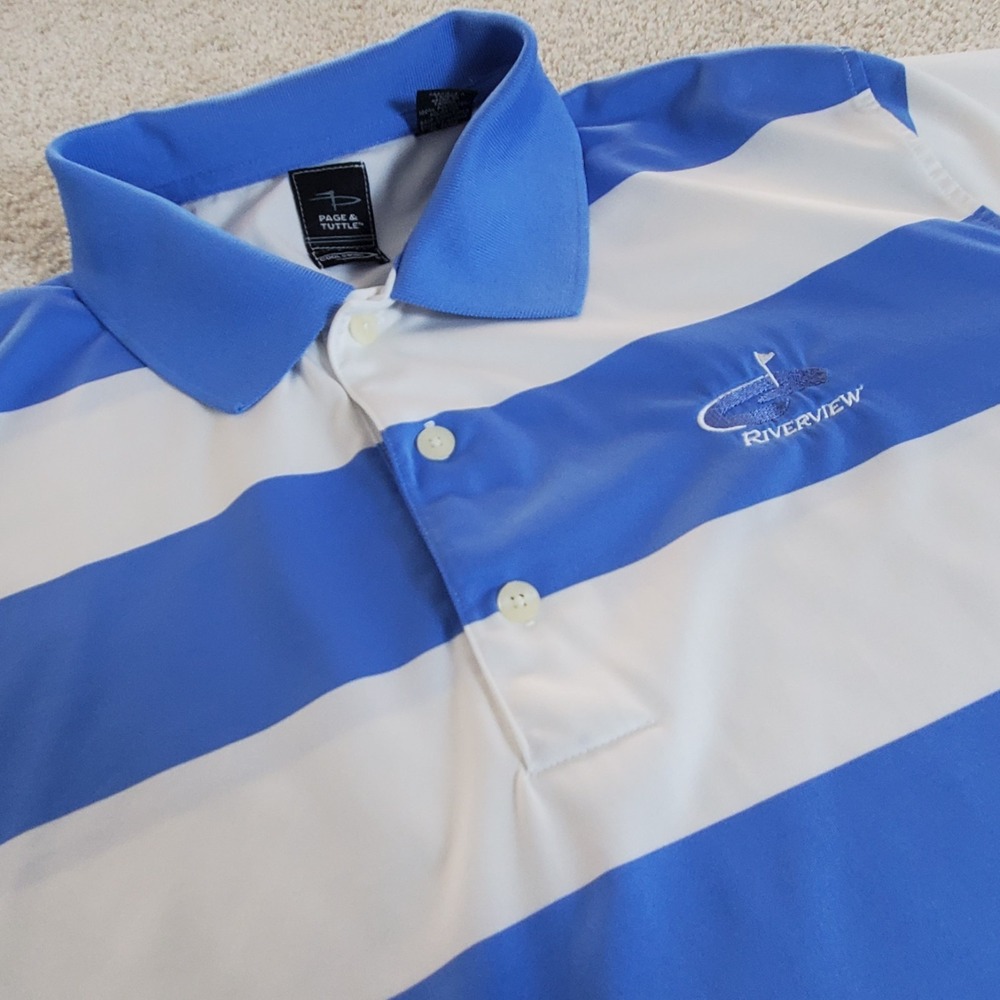 Page & Tuttle Men's Polo Shirt XL Blue & White Stripe Riverview Golf Course